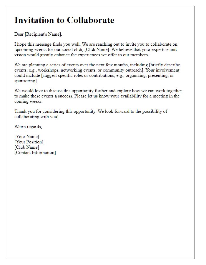 Letter template of Invitation to Collaborate on Social Club Events