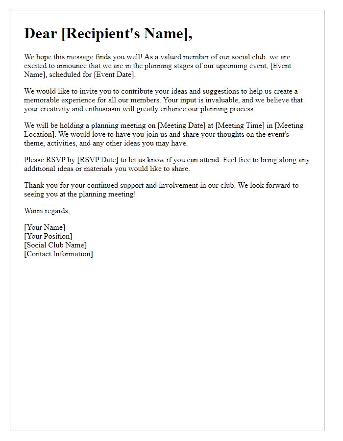 Letter template of Invitation to Contribute to Social Club Event Planning