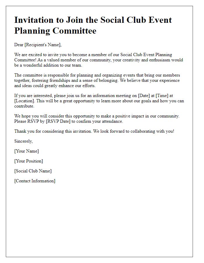 Letter template of Invitation to Join the Social Club Event Planning Committee