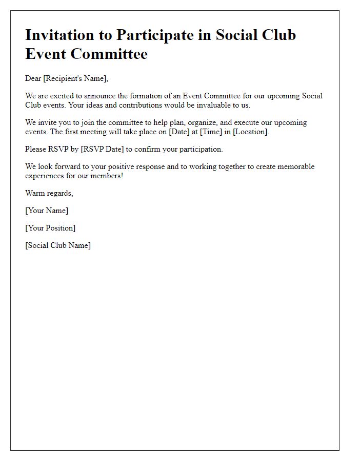 Letter template of Invitation to Participate in Social Club Event Committee