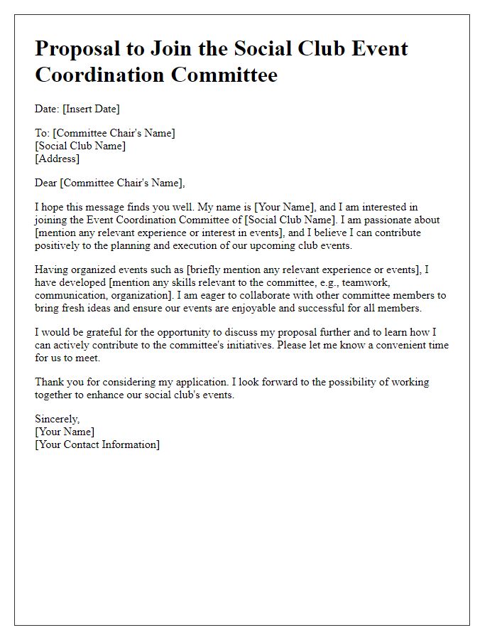 Letter template of Proposal to Join the Social Club Event Coordination Committee