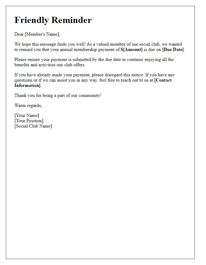 Letter template of Friendly Notice for Upcoming Social Club Payment