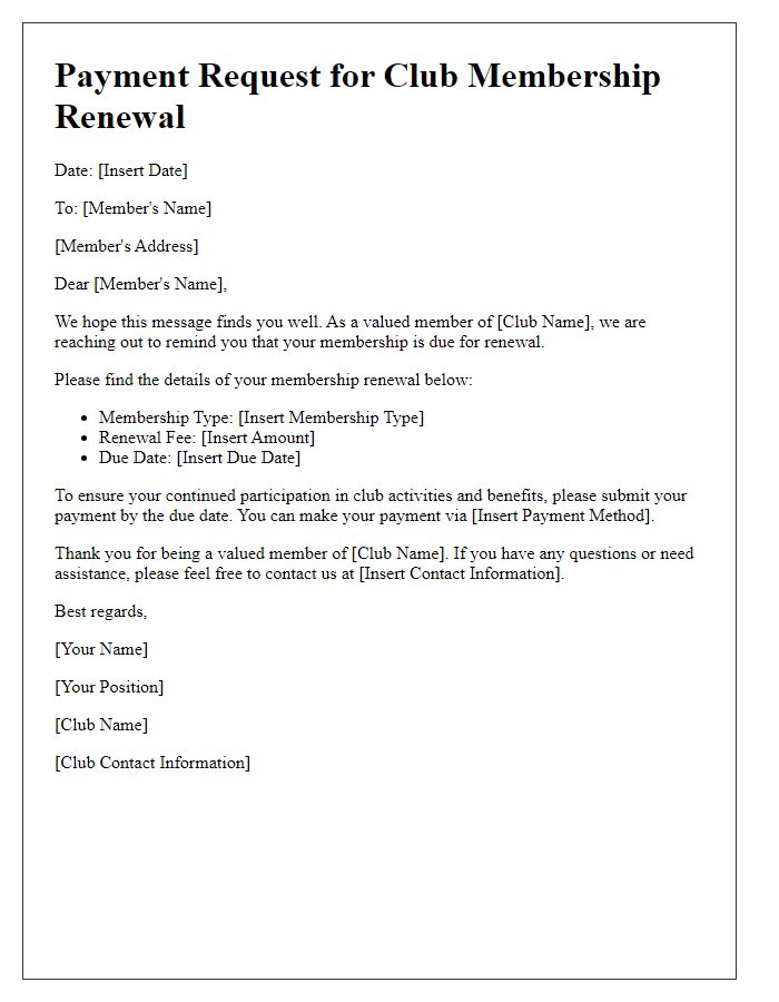 Letter template of Payment Request for Club Membership Renewal