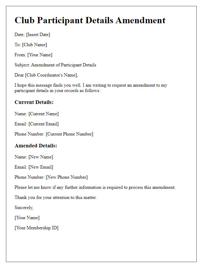 Letter template of club participant details amendment