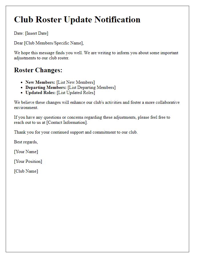 Letter template of club roster information adjustment