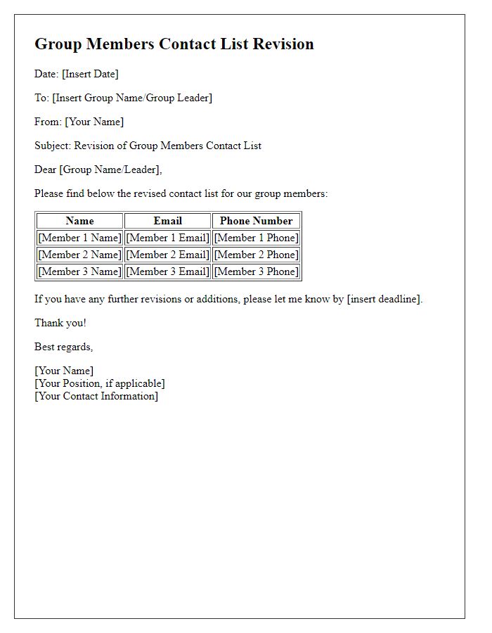 Letter template of group members contact list revision