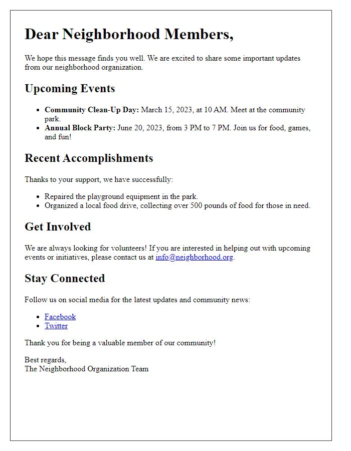Letter template of neighborhood organization member update