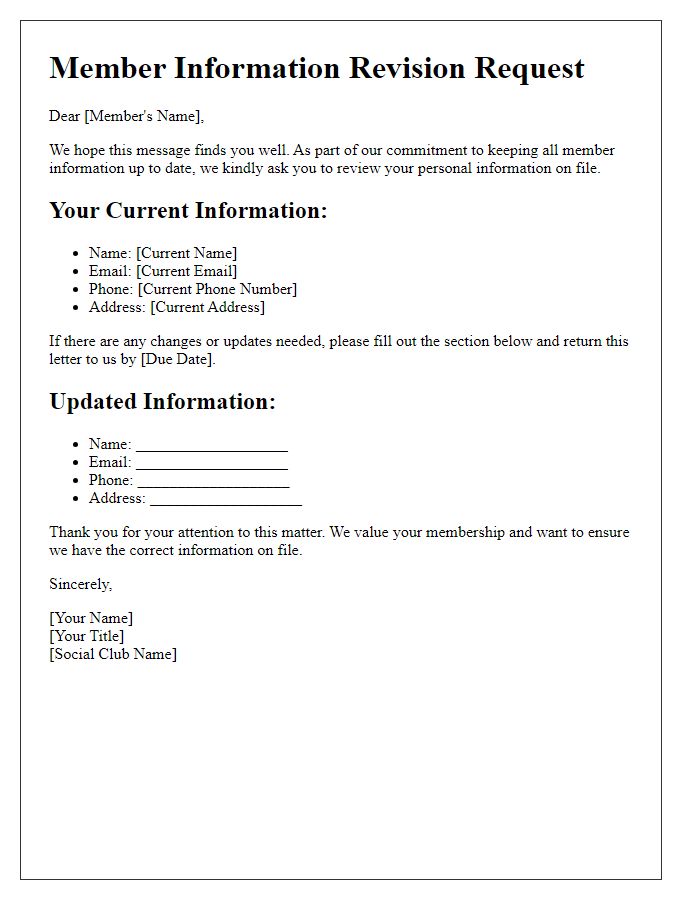 Letter template of social club member information revision