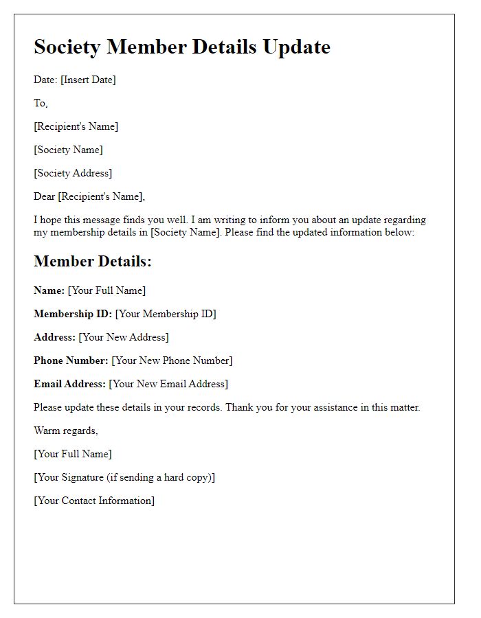 Letter template of society member details update