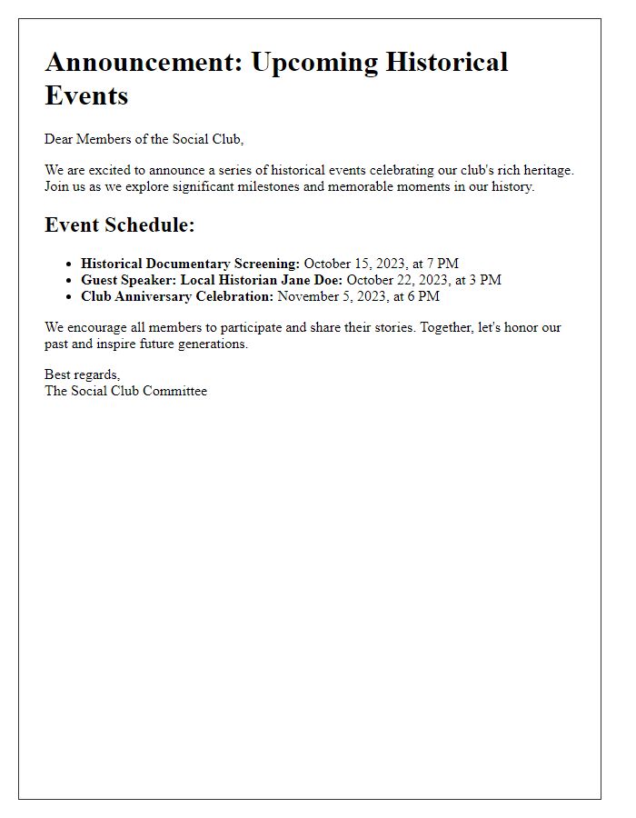 Letter template of Announcement for Social Club Historical Events