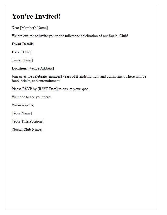 Letter template of Invitation to Social Club Milestone Celebration