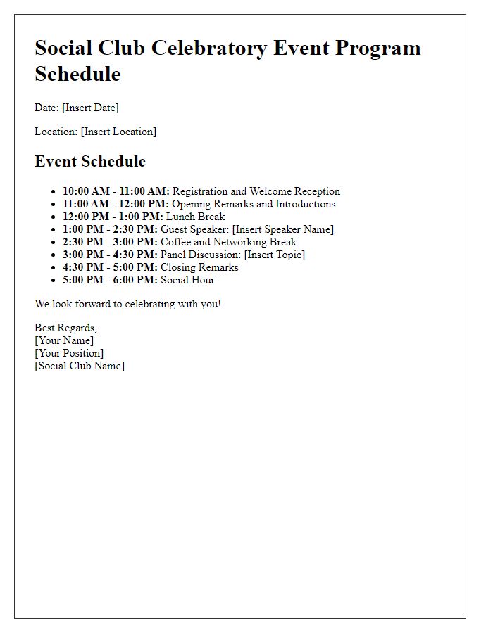 Letter template of Program Schedule for Social Club Celebratory Event