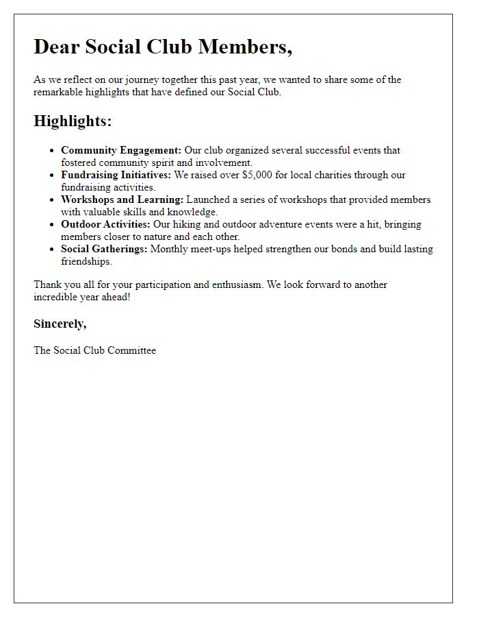 Letter template of Recap of Highlights from Social Club's Journey