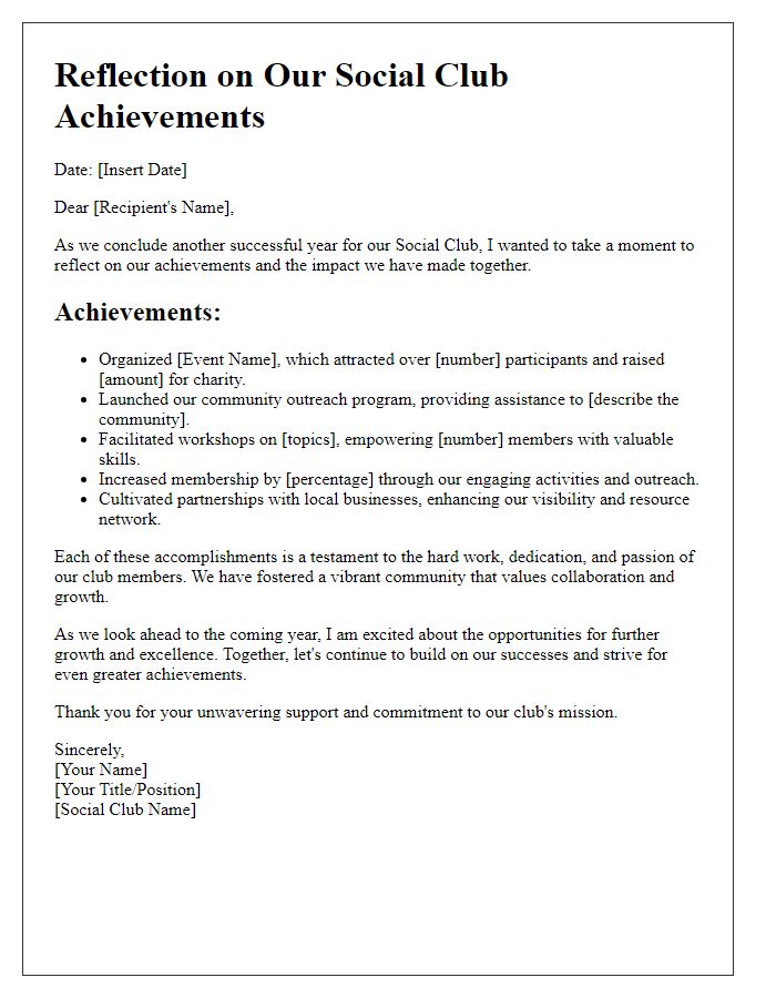 Letter template of Reflection on Social Club Achievements