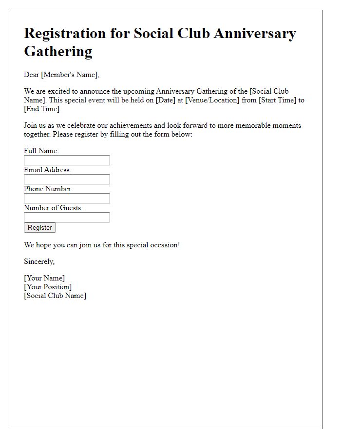 Letter template of Registration for Social Club Anniversary Gathering