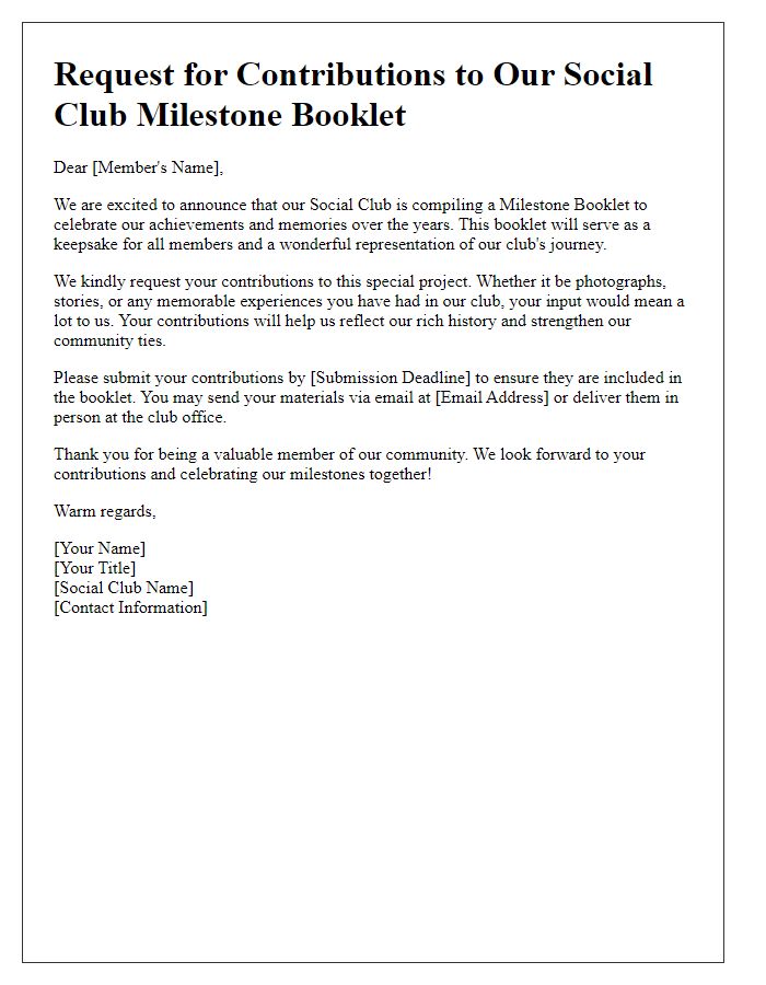 Letter template of Request for Contributions to Social Club Milestone Booklet