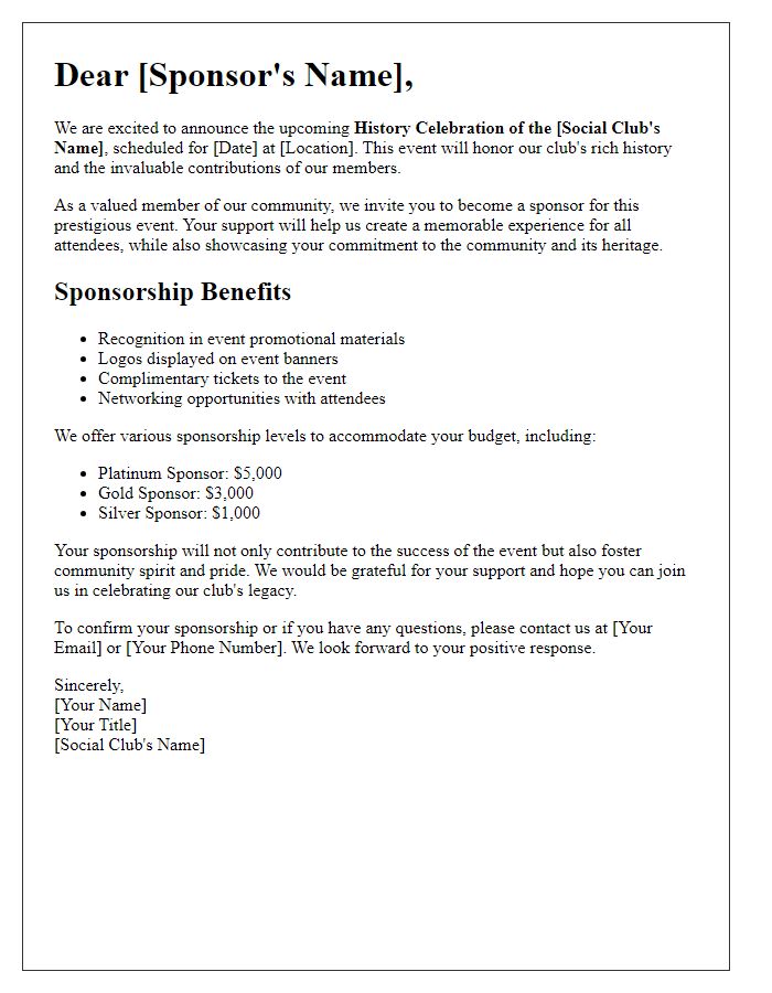 Letter template of Sponsorship Opportunity for Social Club History Celebration