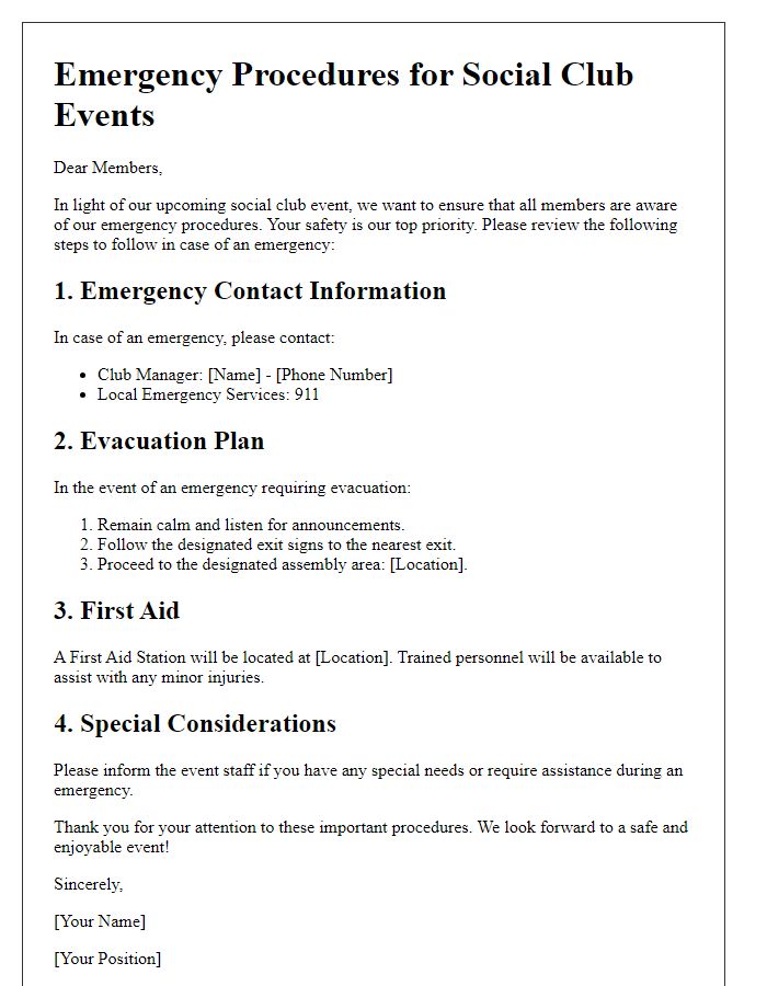 Letter template of emergency procedures for social club events.