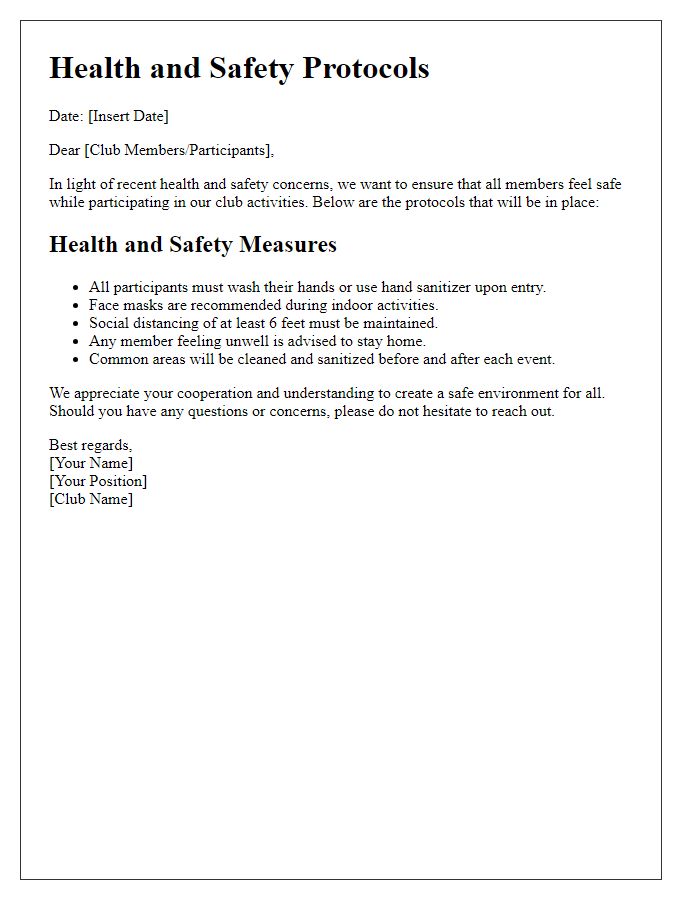 Letter template of health and safety protocols for social club activities.