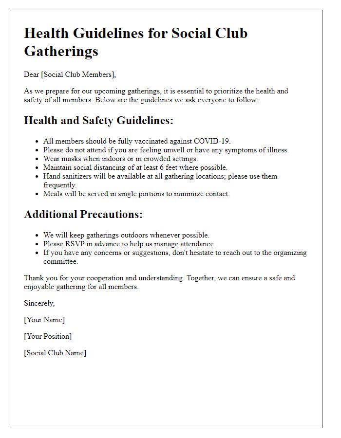 Letter template of health guidelines for social club gatherings.