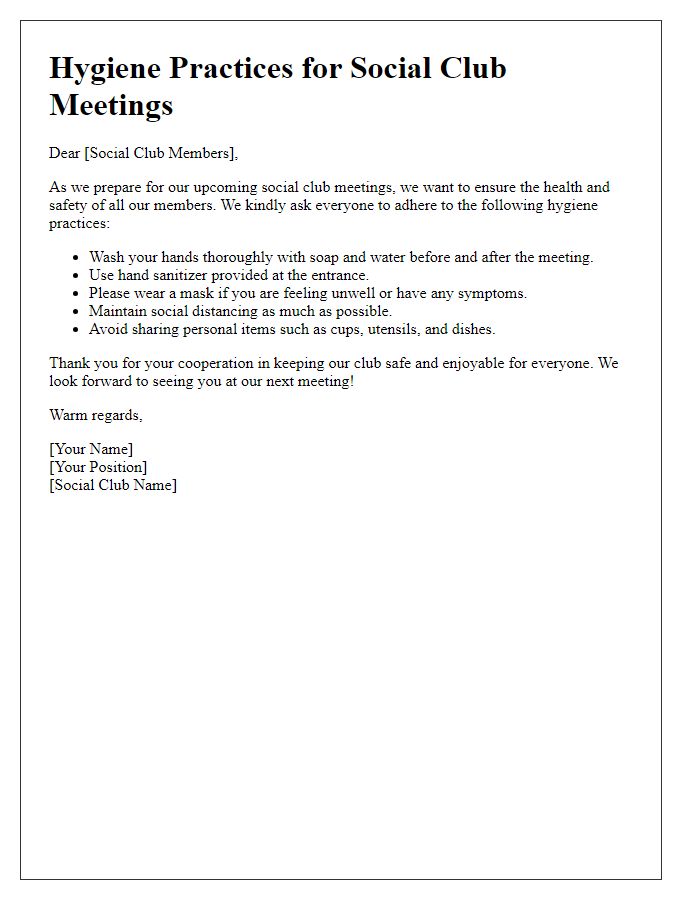 Letter template of hygiene practices for social club meetings.