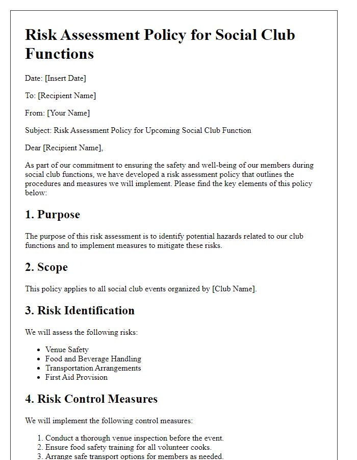 Letter template of risk assessment policies for social club functions.