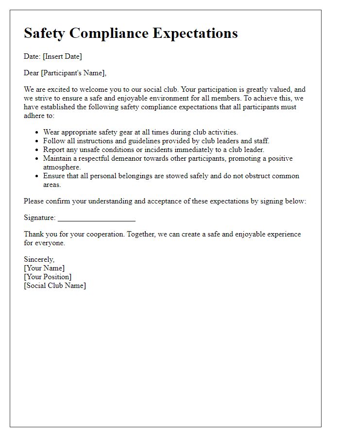 Letter template of safety compliance expectations for social club participants.