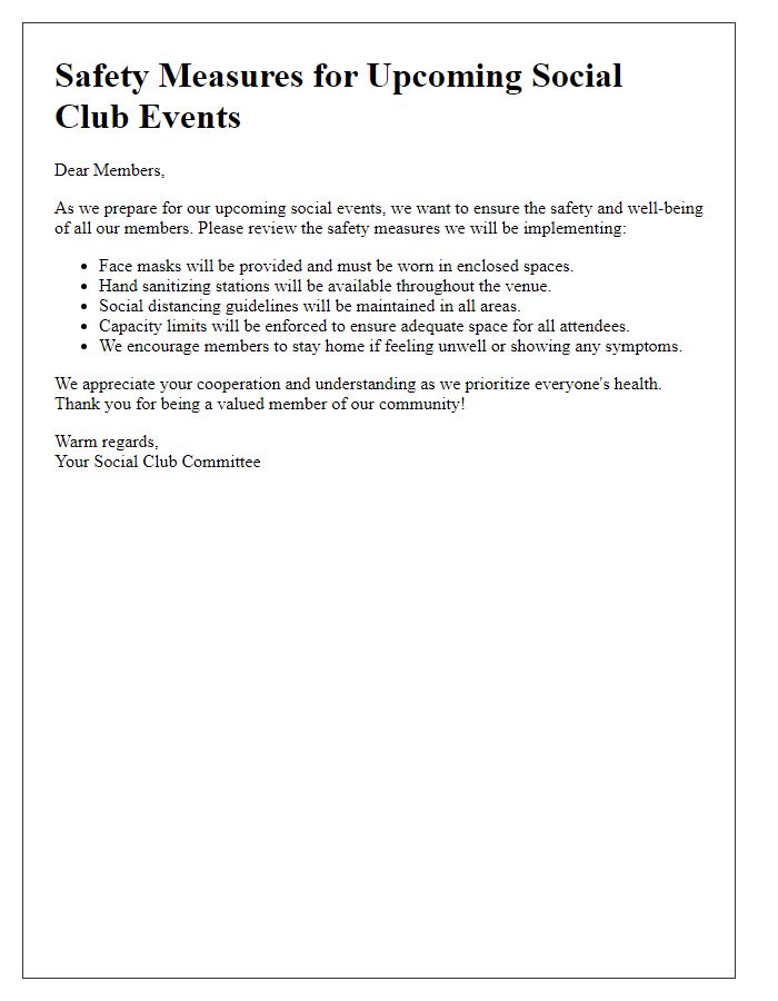 Letter template of safety measures for members in social club events.