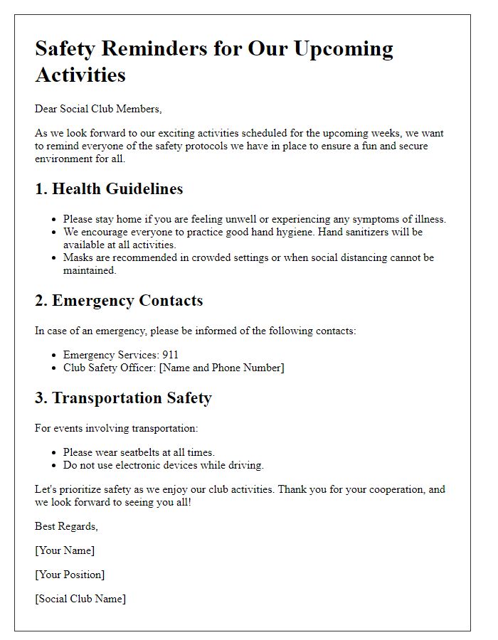 Letter template of safety reminders for upcoming social club activities.