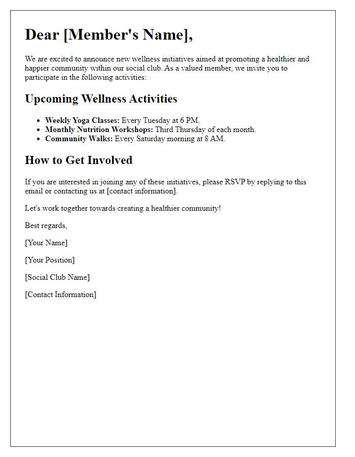 Letter template of wellness initiatives for social club membership.