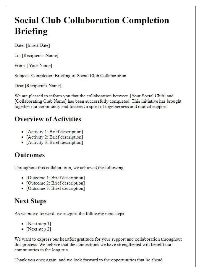 Letter template of social club collaboration completion briefing