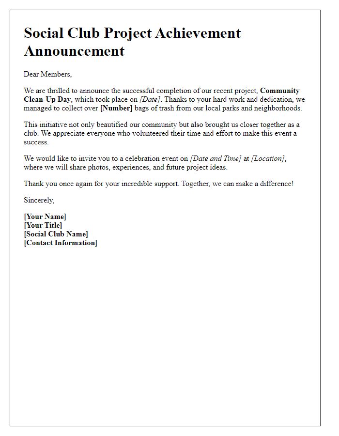 Letter template of social club project achievement announcement