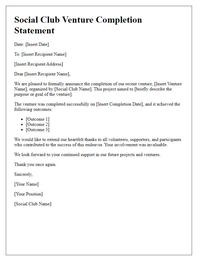 Letter template of social club venture completion statement