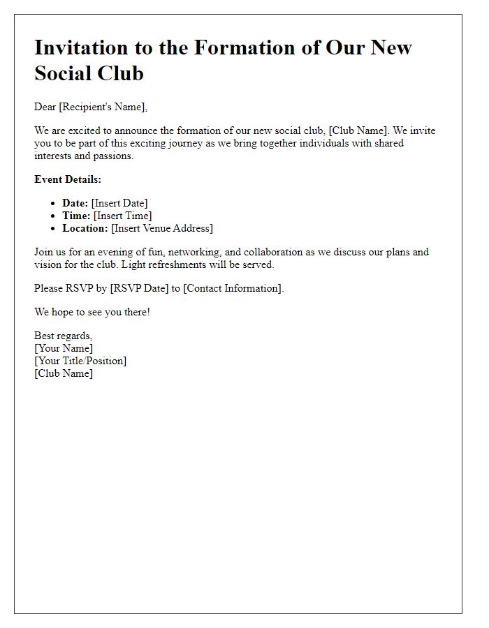 Letter template of social club formation event information