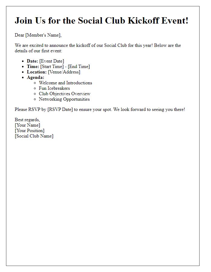 Letter template of social club kickoff event details