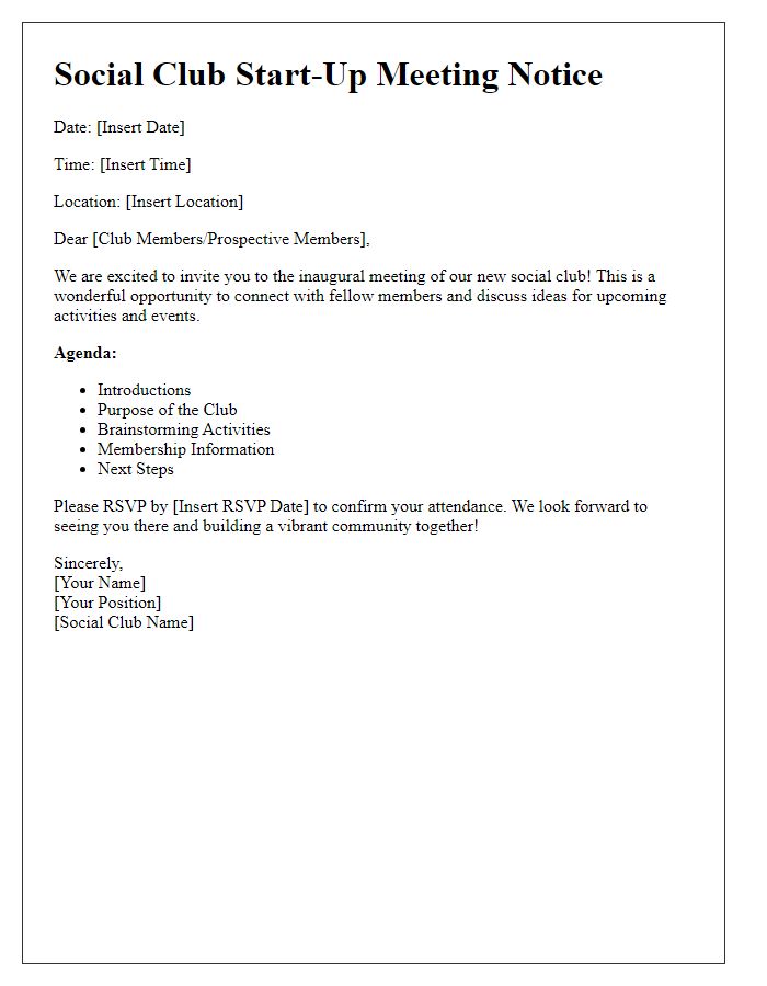 Letter template of social club start-up meeting notice