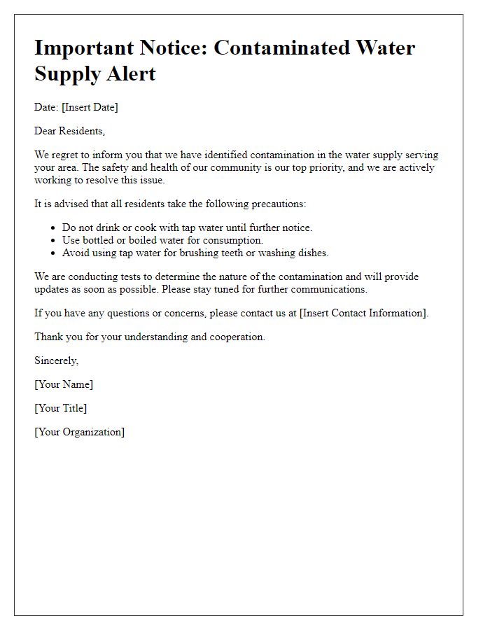 Letter template of contaminated water supply alert