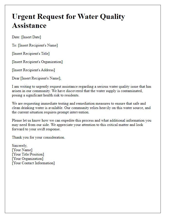 Letter template of urgent water quality assistance request