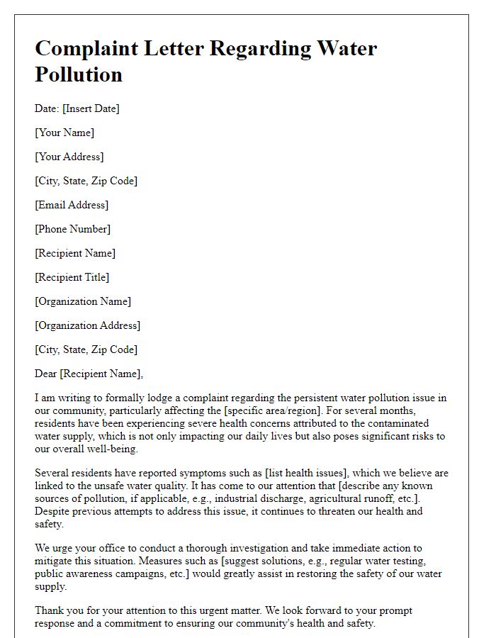 Letter template of water pollution complaint for community health