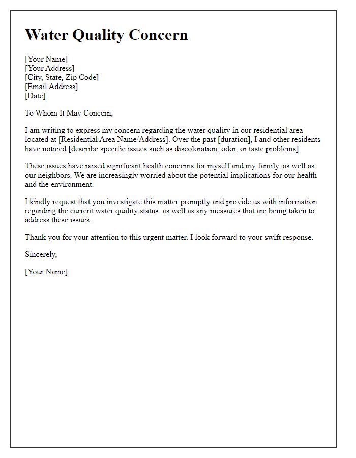 Letter template of water quality concern for residential areas