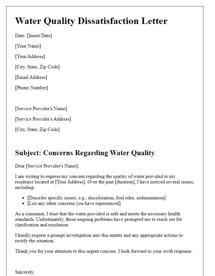 Letter template of water quality dissatisfaction for service providers