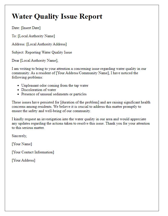 Letter template of water quality issue reporting to local authorities