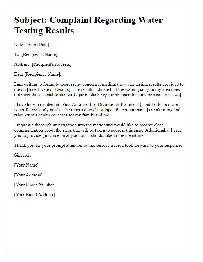 Letter template of water testing results complaint