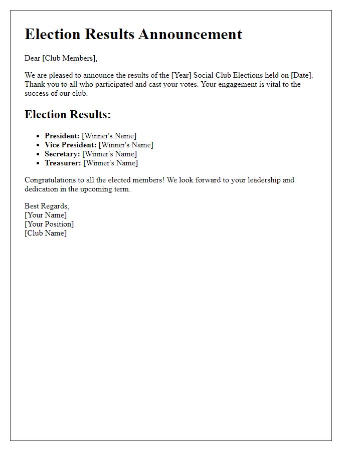 Letter template of social club election results communication.