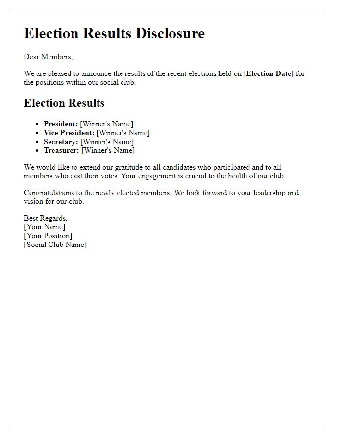 Letter template of social club election results disclosure.