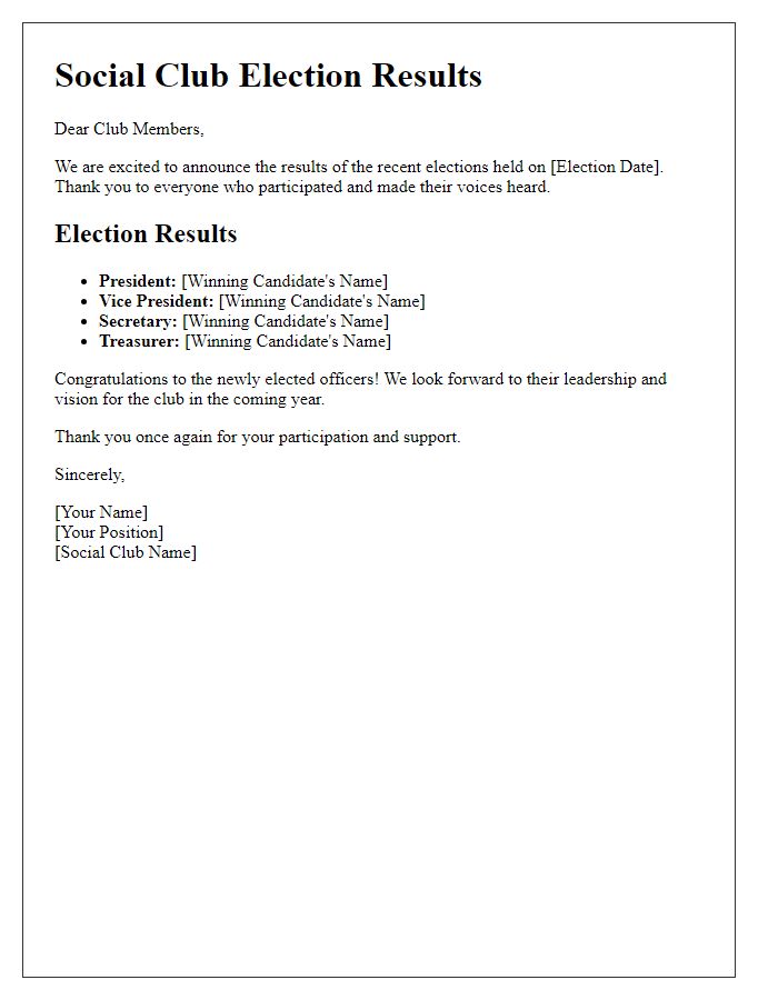 Letter template of social club election results update.