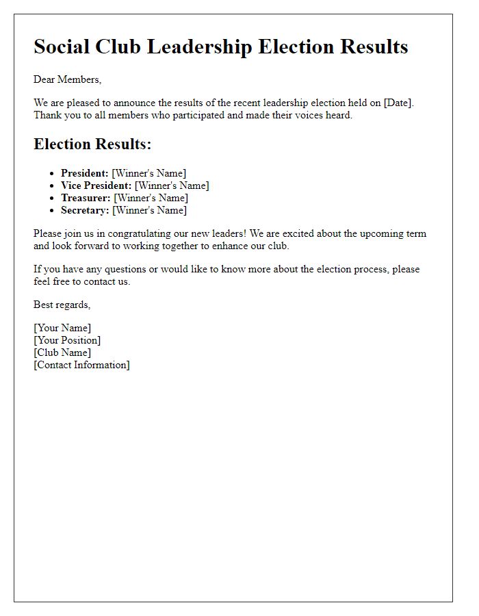 Letter template of social club leadership election outcome notification.