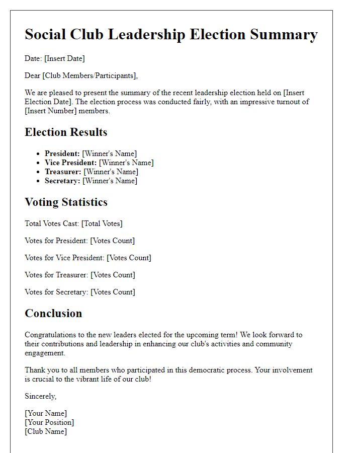 Letter template of social club leadership election summary.