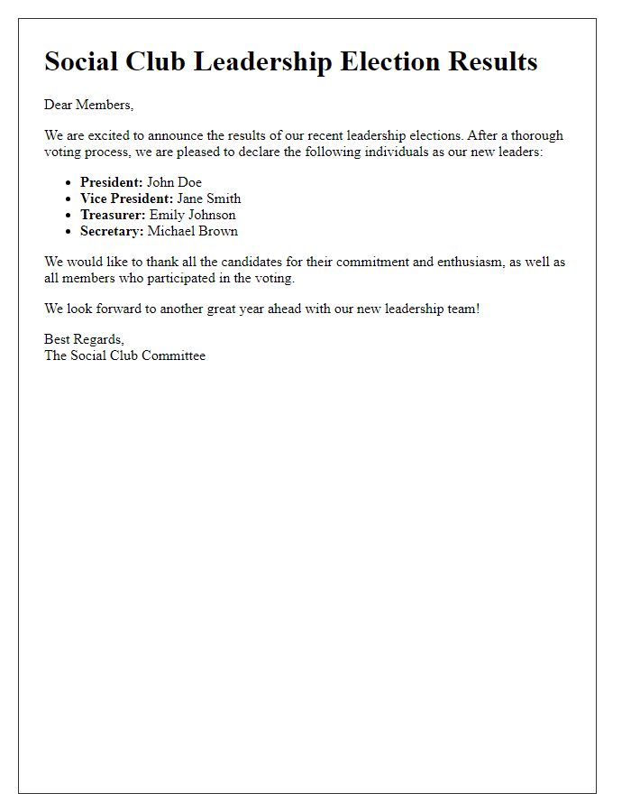 Letter template of social club leadership election winners' announcement.