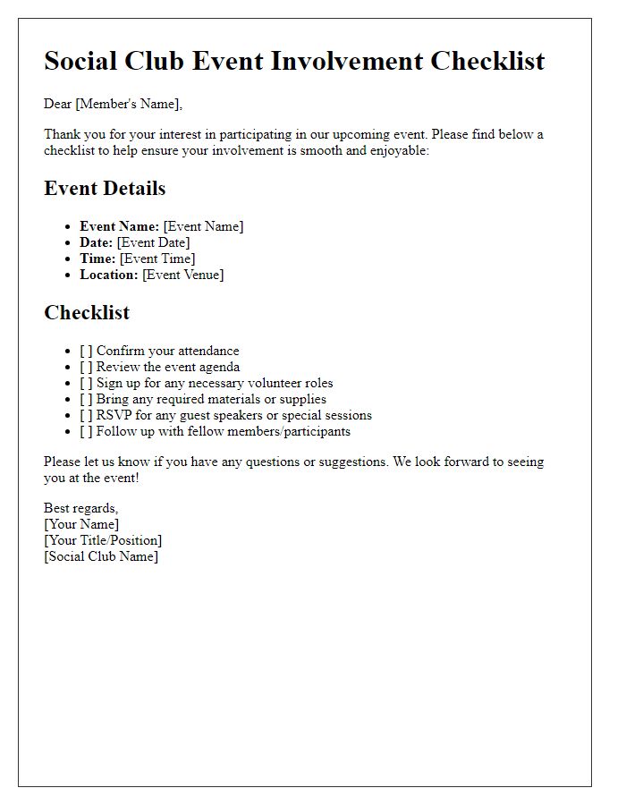 Letter template of social club event involvement checklist